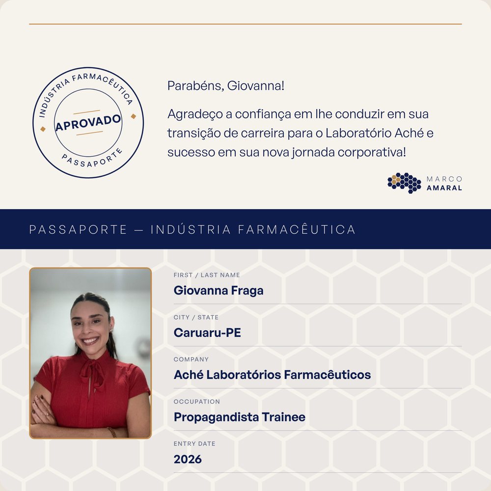 Passaporte de Giovanna Fraga: Propagandista Trainee na Aché Laboratórios Farmacêuticos, 2026