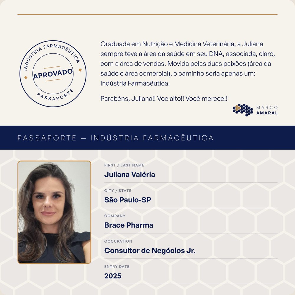Passaporte de Juliana Valéria: Consultora de Negócios Jr. na Brace Pharma, 2025