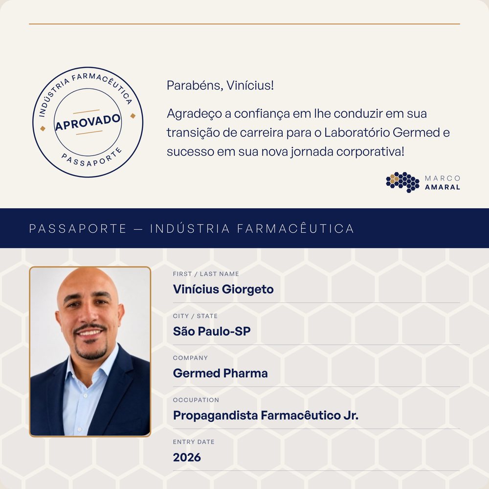 Passaporte de Vinícius Giorgeto: Propagandista Farmacêutico Jr. na Germed Pharma, 2026