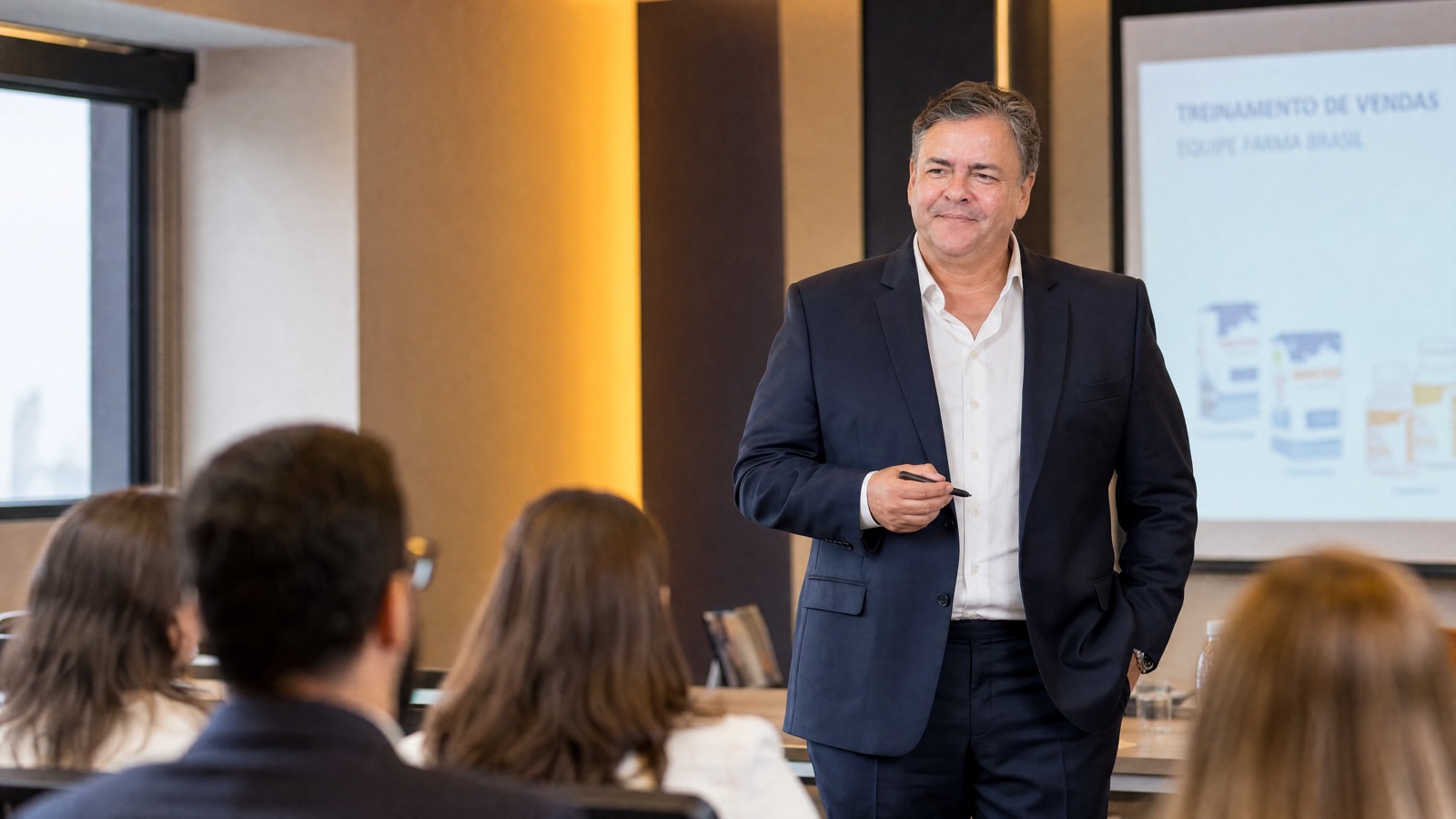 Marco Amaral conduzindo treinamento de vendas para equipe do mercado farmacêutico em sala de reunião