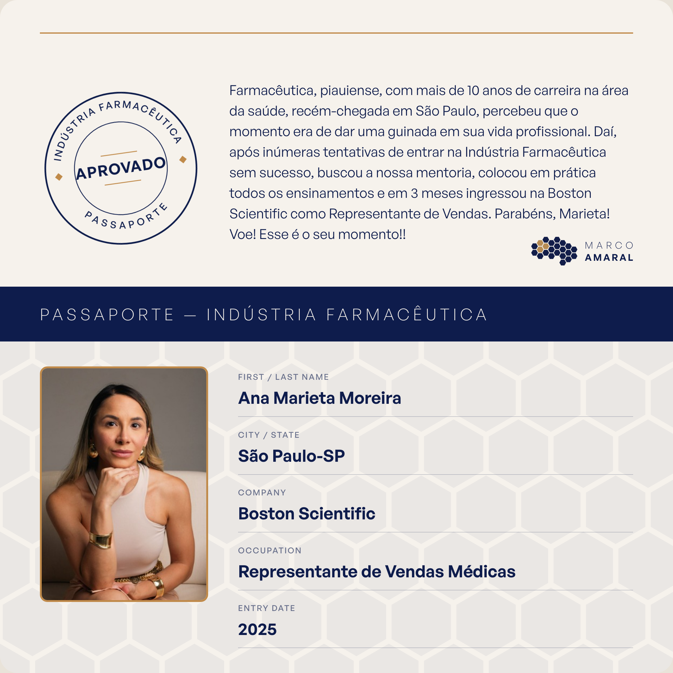 Passaporte Indústria Farmacêutica de Ana Marieta Moreira, contratada pela Boston Scientific como Representante de Vendas Médicas em 2025