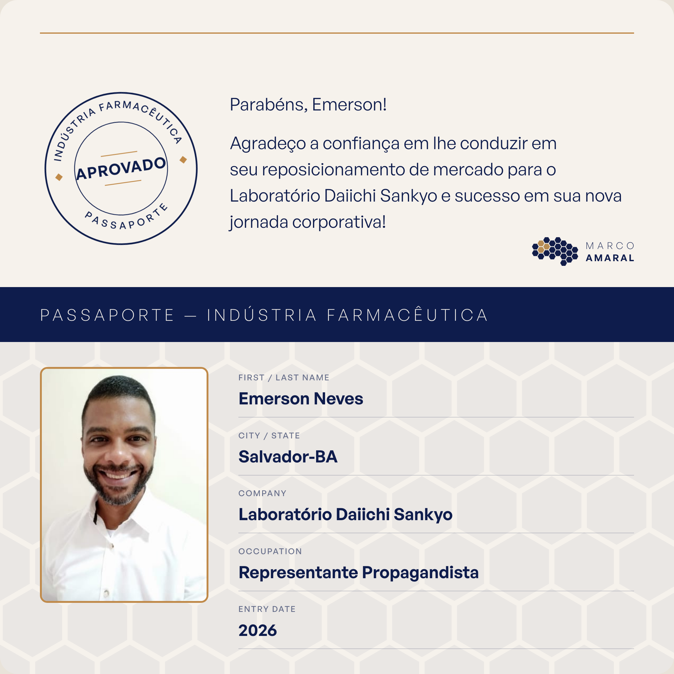 Passaporte Indústria Farmacêutica de Emerson Neves, contratado pelo Laboratório Daiichi Sankyo como Representante Propagandista em 2026