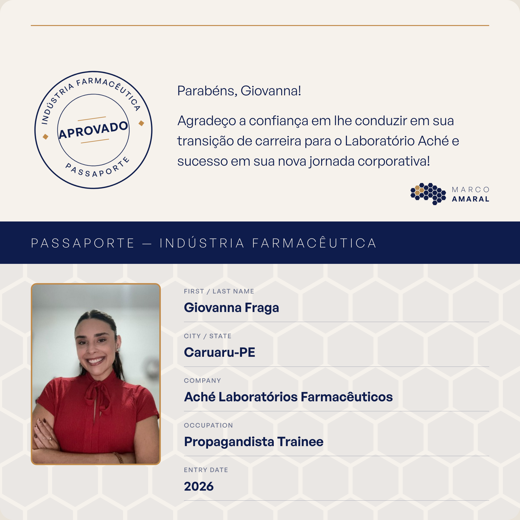 Passaporte Indústria Farmacêutica de Giovanna Fraga, contratada pela Aché Laboratórios Farmacêuticos como Propagandista Trainee em 2026