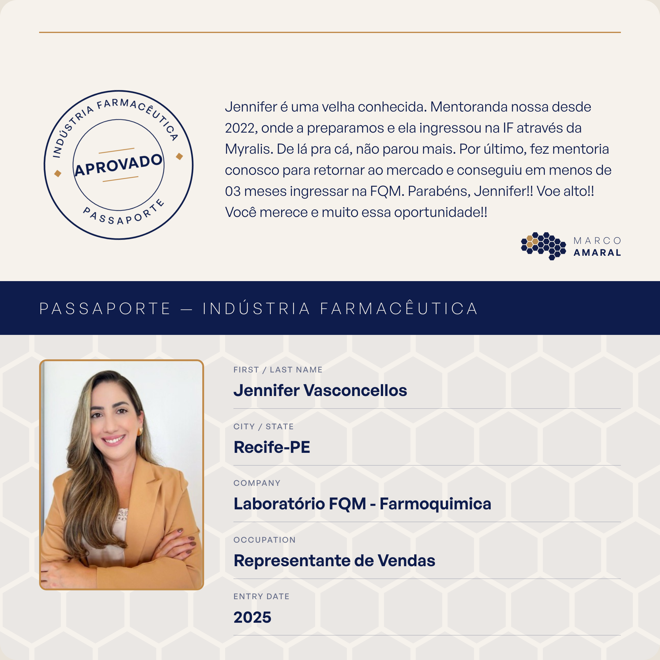 Passaporte Indústria Farmacêutica de Jennifer Vasconcellos, contratada pelo Laboratório FQM Farmoquímica como Representante de Vendas em 2025
