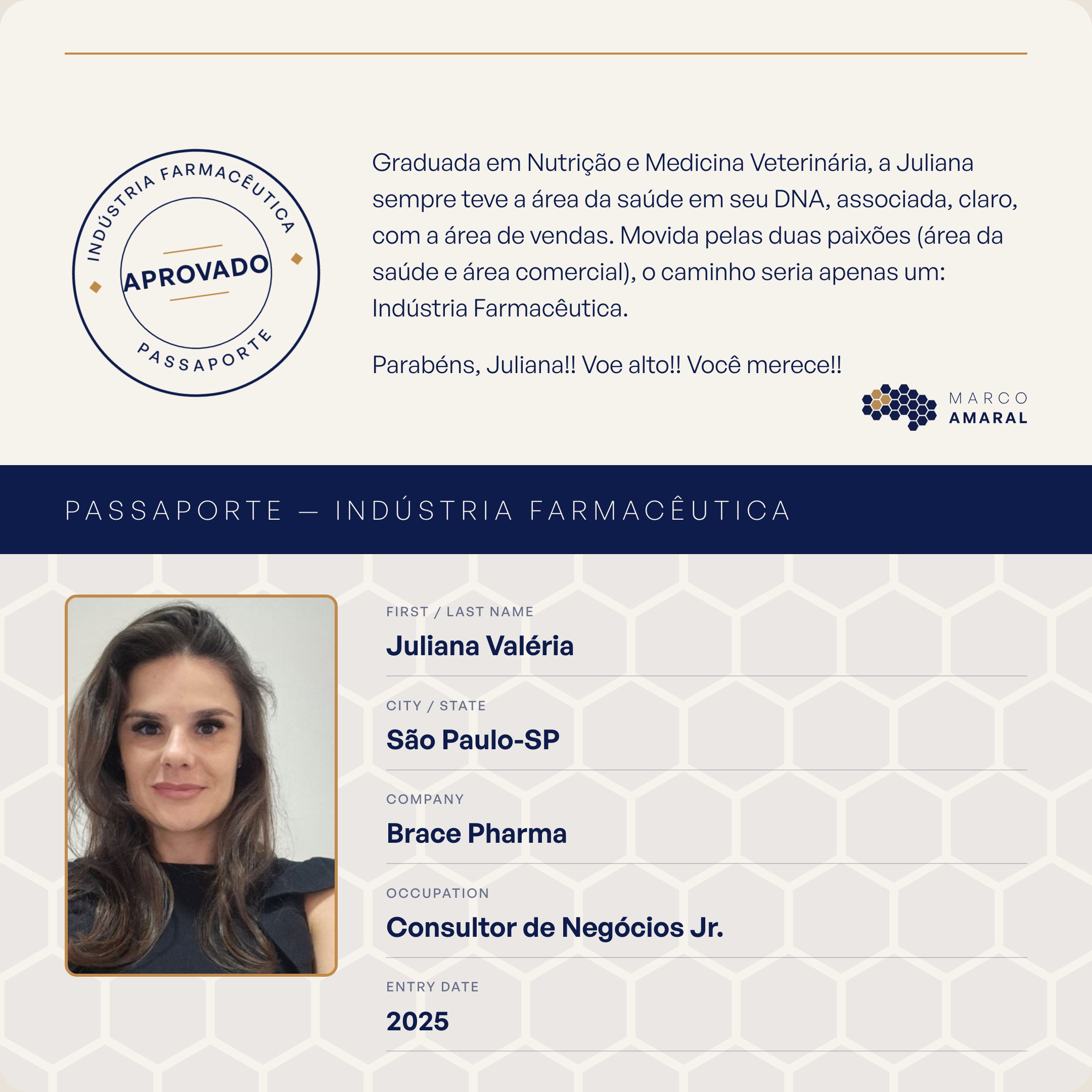 Passaporte Indústria Farmacêutica de Juliana Valéria, contratada pela Brace Pharma como Consultor de Negócios Jr. em 2025
