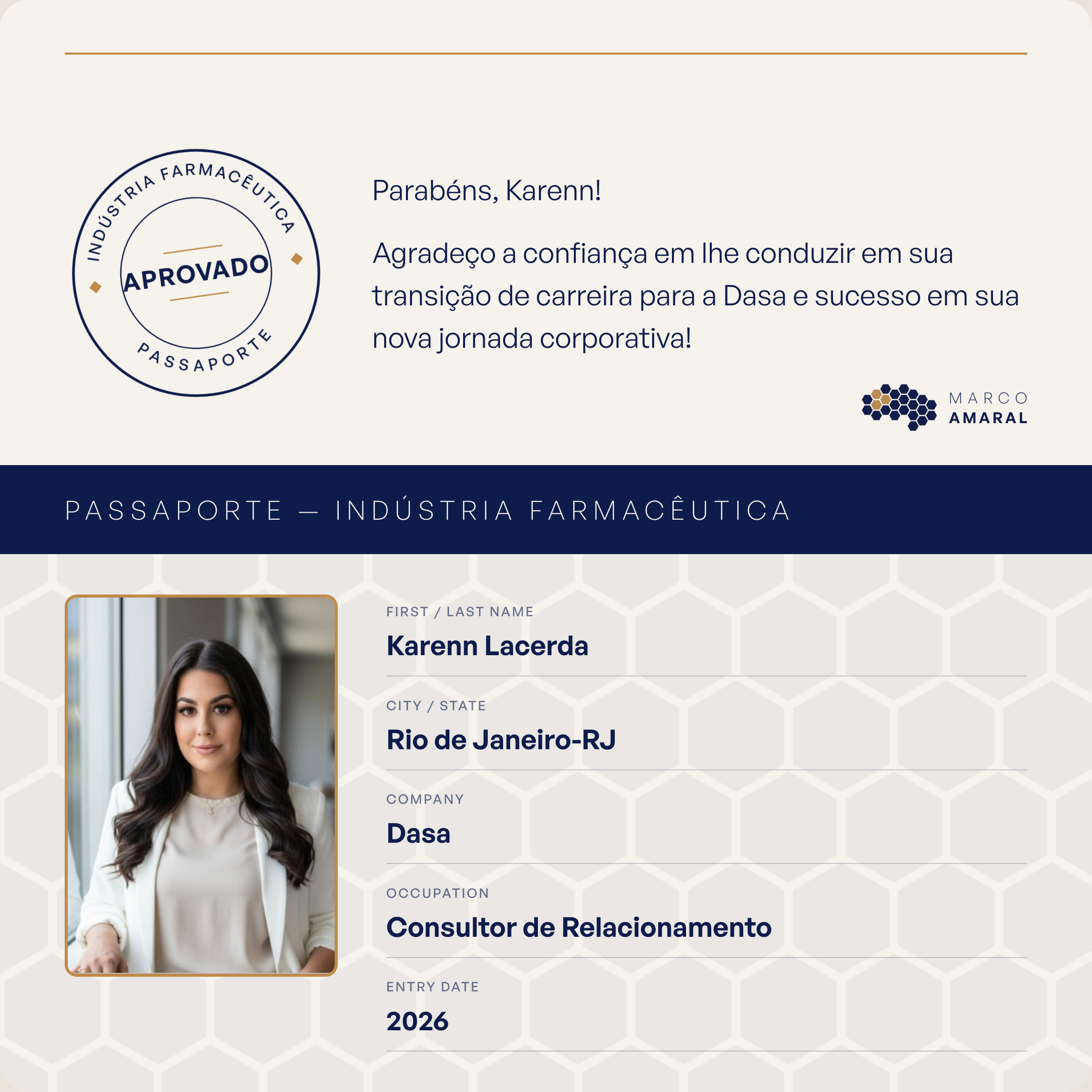 Passaporte Indústria Farmacêutica de Karenn Lacerda, contratada pela Dasa como Consultor de Relacionamento em 2026