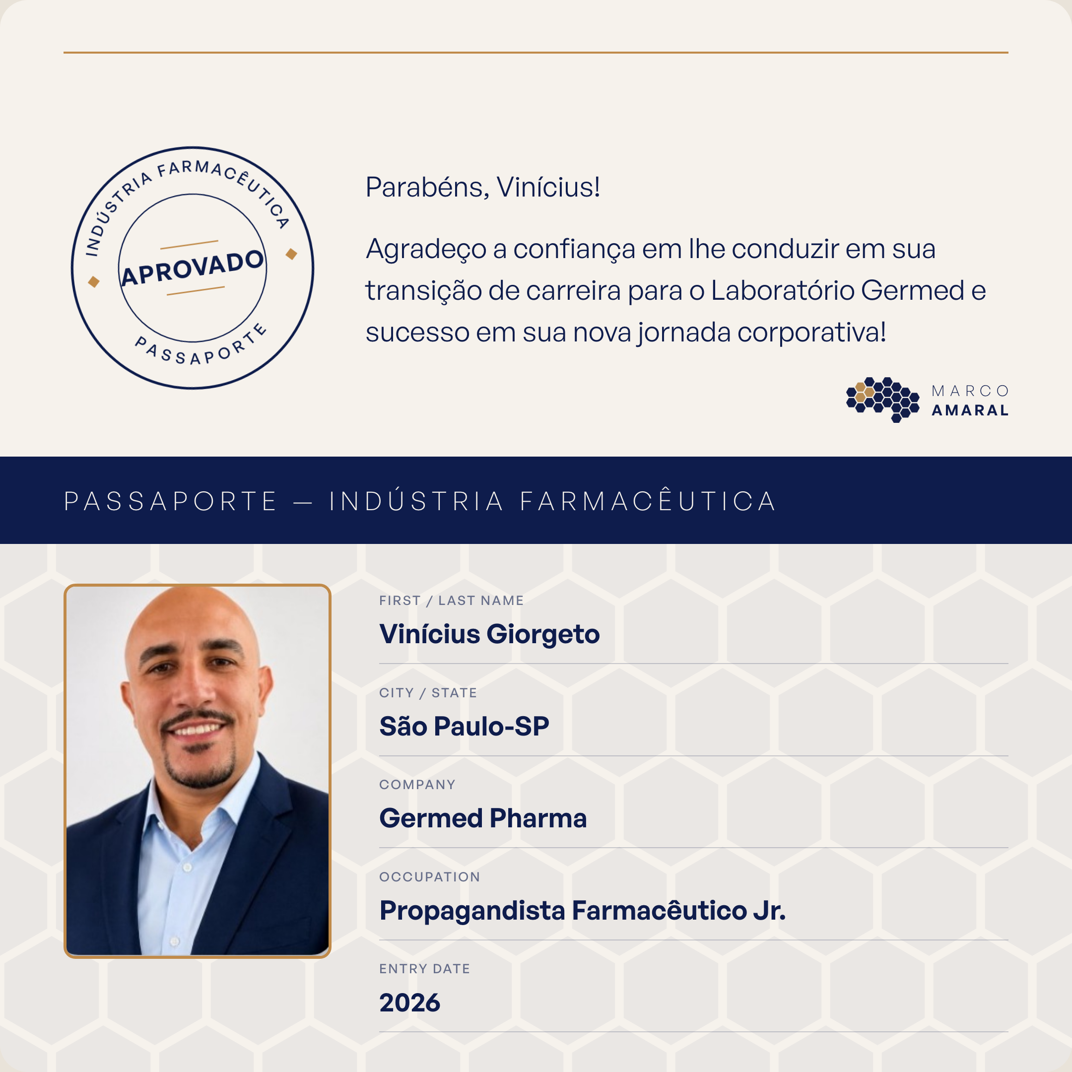 Passaporte Indústria Farmacêutica de Vinícius Giorgeto, contratado pela Germed Pharma como Propagandista Farmacêutico Jr. em 2026
